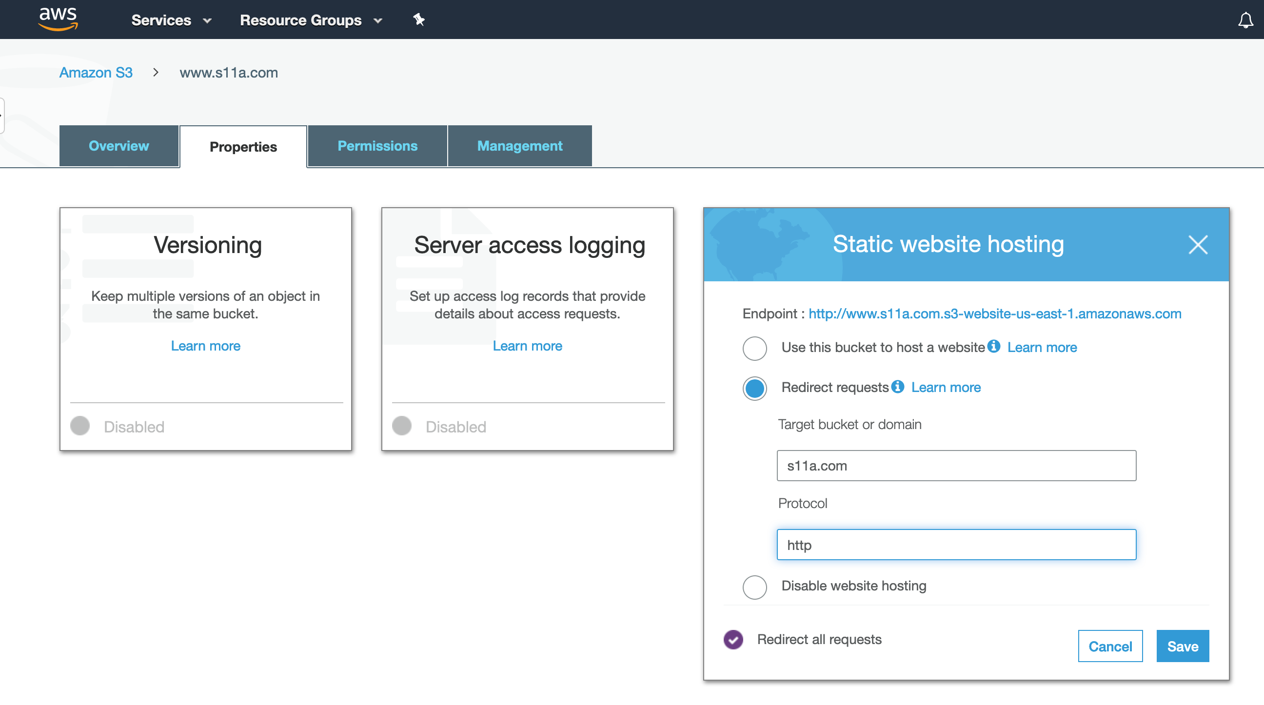 Setup of redirect bucket via HTTP